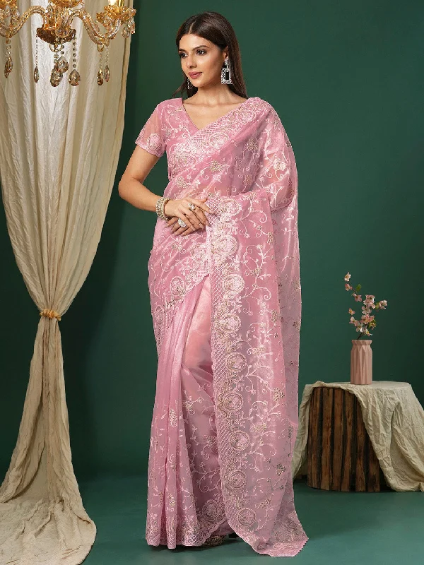 Women's Organza Pink Embroidered Designer Saree With Blouse Piece Chic Square Blouse