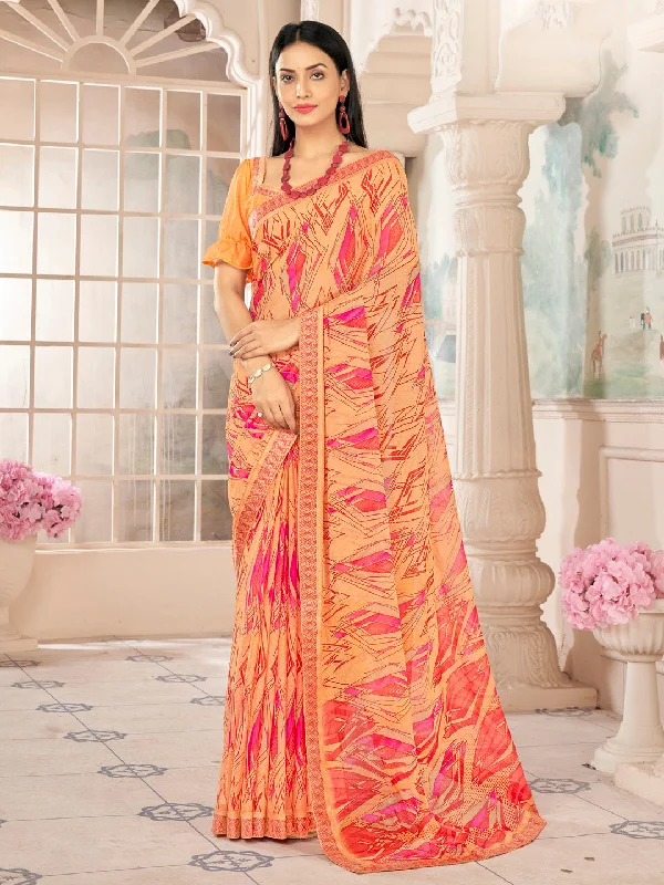 Women's Chiffon Orange Embellished Designer Saree With Blouse Piece Modern Oversized Blouse