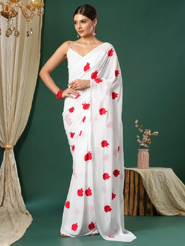 Women's Georgette White Embroidered Designer Saree With Blouse Piece Lightweight Floral Blouse