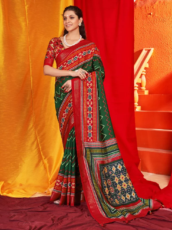 Women's Tussar Silk Red Printed Designer Saree With Blouse Piece Polished Work Blouse
