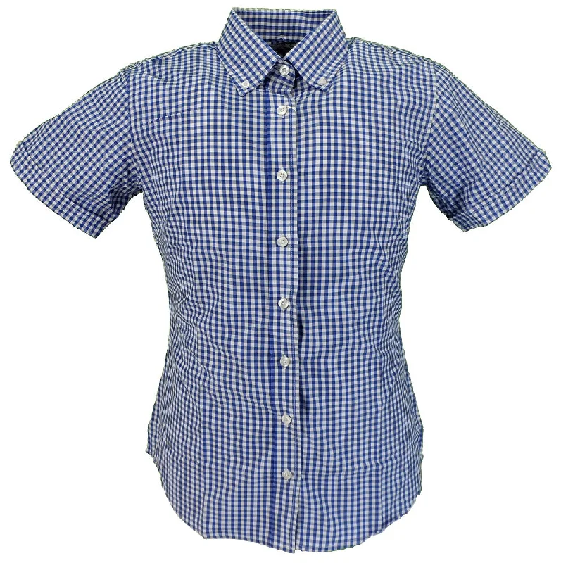 Relco Retro Blue Gingham Ladies Button Down Short Sleeved Shirts-- Houndstooth Herringbone Solid