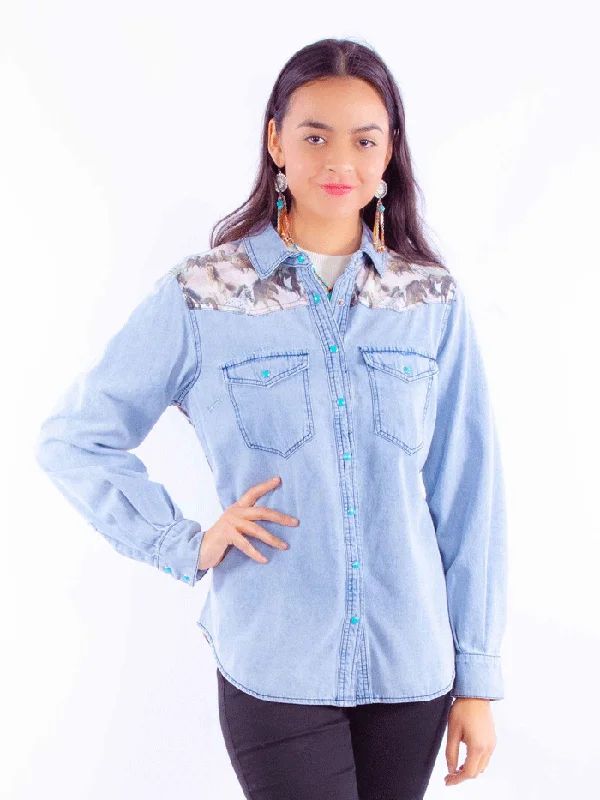 Scully HC915-DEN Womens Running Horses Scene Denim Shirt Blue-- Wool Fabric Cashmere Fabric Tweed Fabric
