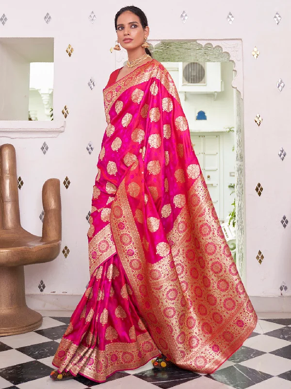 Women's Satin Silk Pink Woven Design Designer Saree With Blouse Piece Classic White Blouse