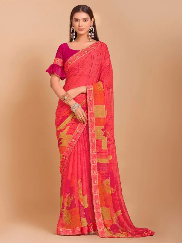 Women's Chiffon Pink Embellished Designer Saree With Blouse Piece Relaxed Fit Blouse Women's Chiffon Pink Embellished Designer Saree With Blouse Piece Relaxed Fit Blouse