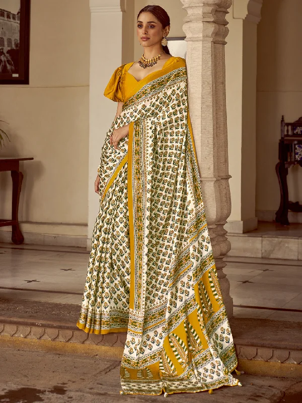 Women's Crepe Mustard Printed Designer Saree With Blouse Piece Delicate Pleat Blouse