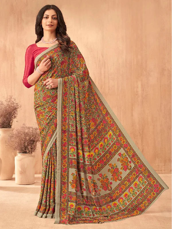 Women's Crepe Red Printed Designer Saree With Blouse Piece Chic Ruffle Blouse