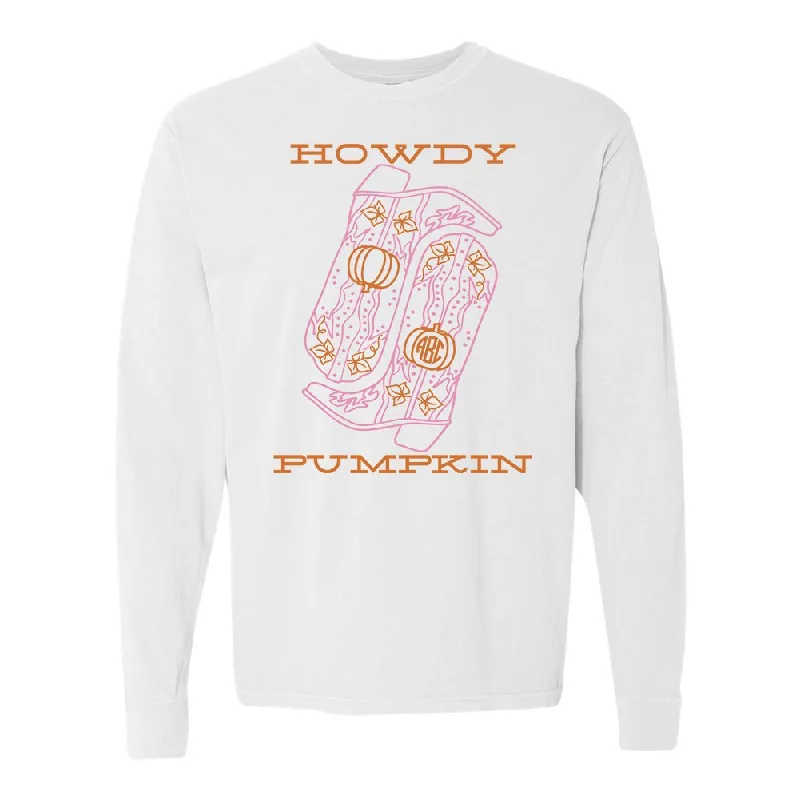 Monogrammed 'Howdy Pumpkin Boots' Long Sleeve T-Shirt-- Hooded Caped Shawl Collar