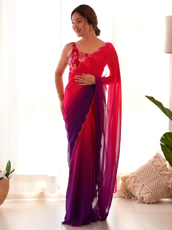 Women's Georgette Pink Embellished Designer Saree With Blouse Piece Satin Bow Blouse