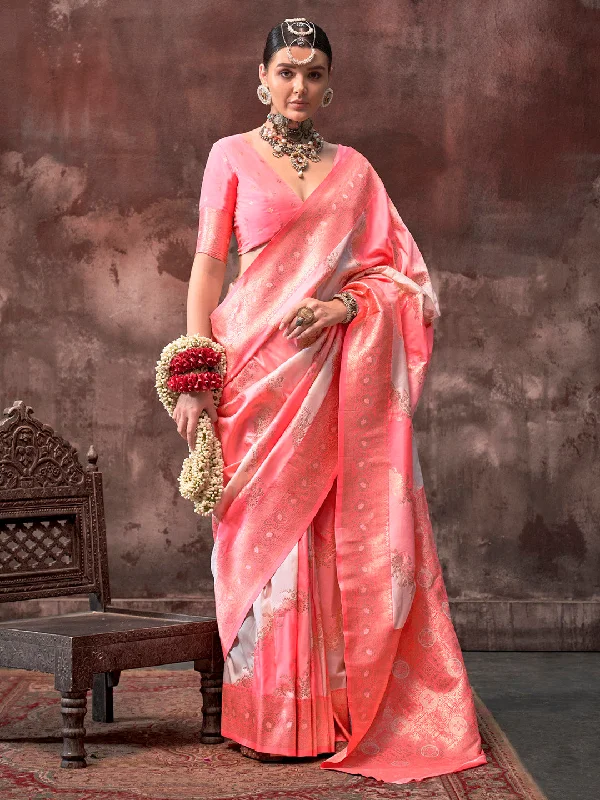 Women's Silk Blend Peach Woven Design Designer Saree With Blouse Piece Gathered Detail Blouse