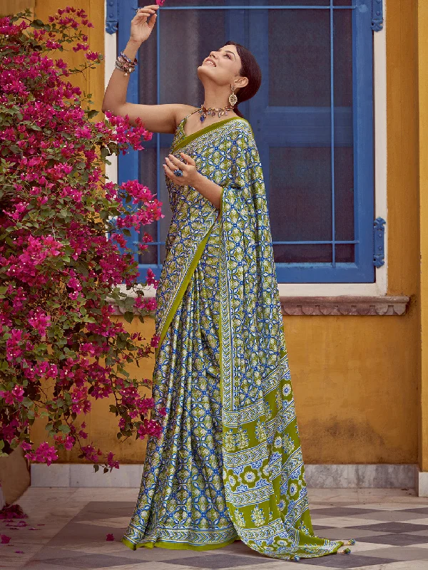 Women's Crepe Light Green Printed Designer Saree With Blouse Piece Collared Satin Blouse