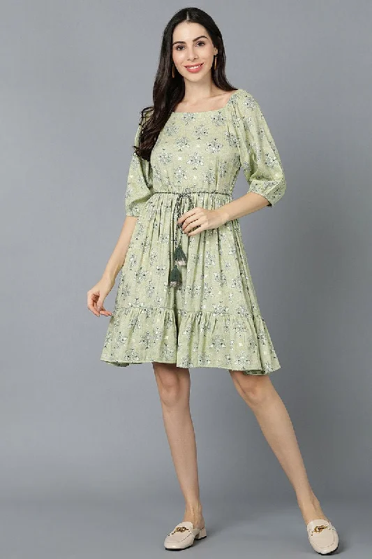 Ahika Light Green Cotton Ethnic Motifs Mini Dress Chic Puff Sleeve Mini Dress