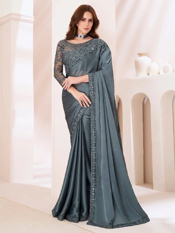 Women's Pure Georgette Grey Embellished Designer Saree With Blouse Piece Slim Fit Blouse