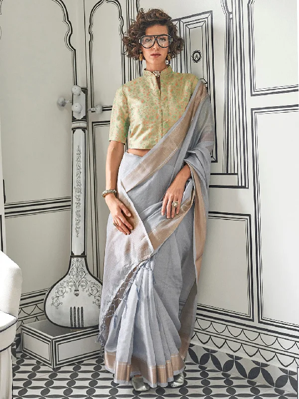 Women's Pure Chiffon Light Green Woven Design Designer Saree With Blouse Piece Classic Striped Blouse