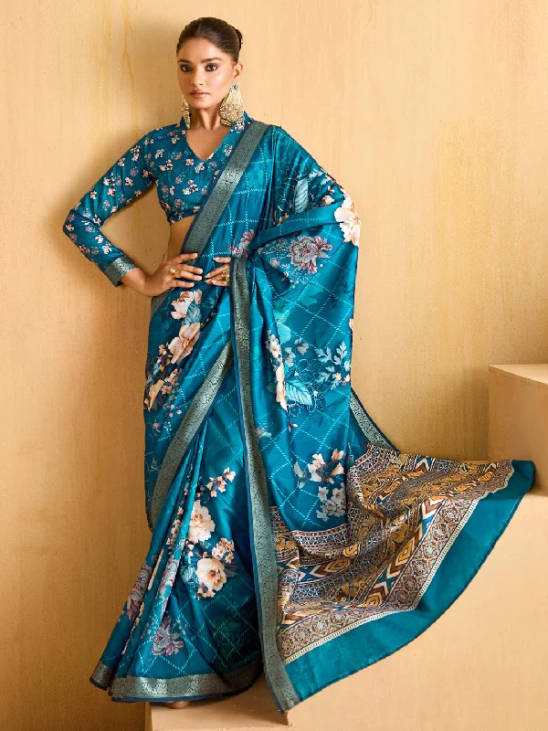 Women's Tussar Silk Blue Woven Design Designer Saree With Blouse Piece Delicate Bow Blouse