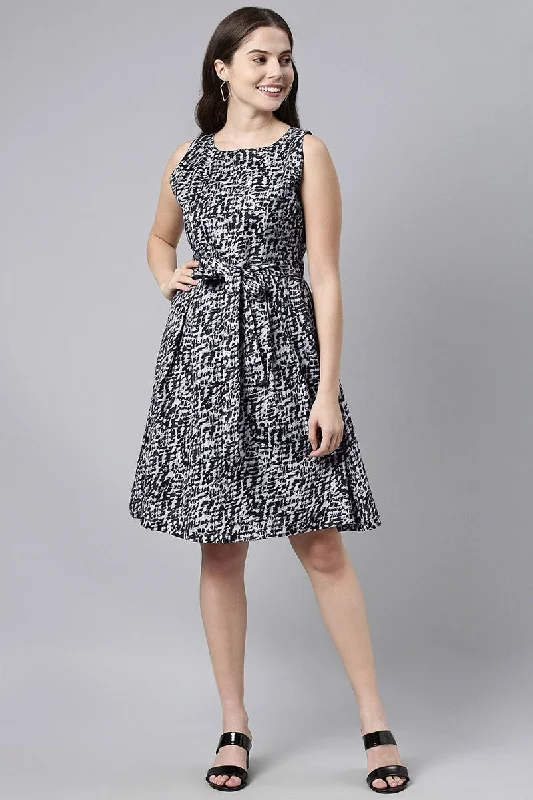 Ahika Black Crepe Abstract Print Mini Dress Casual High-Waist Mini Dress