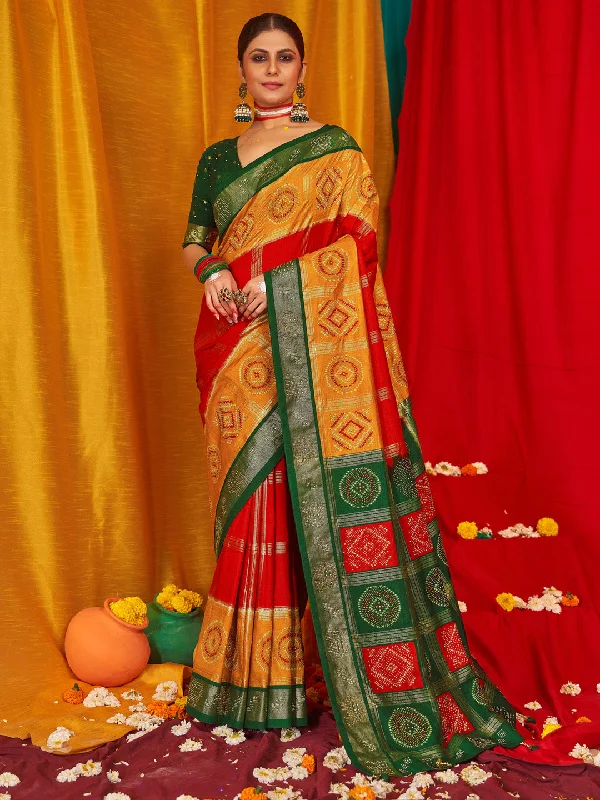 Women's Tussar Silk Green Woven Design Designer Saree With Blouse Piece Drape Neck Blouse