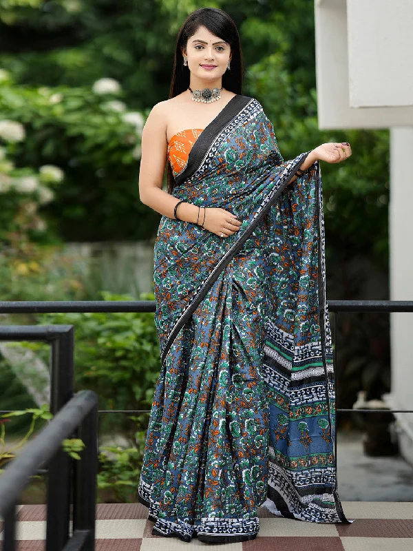 Women's Cotton Orange Printed Designer Saree With Blouse Piece Frilled Cuff Blouse