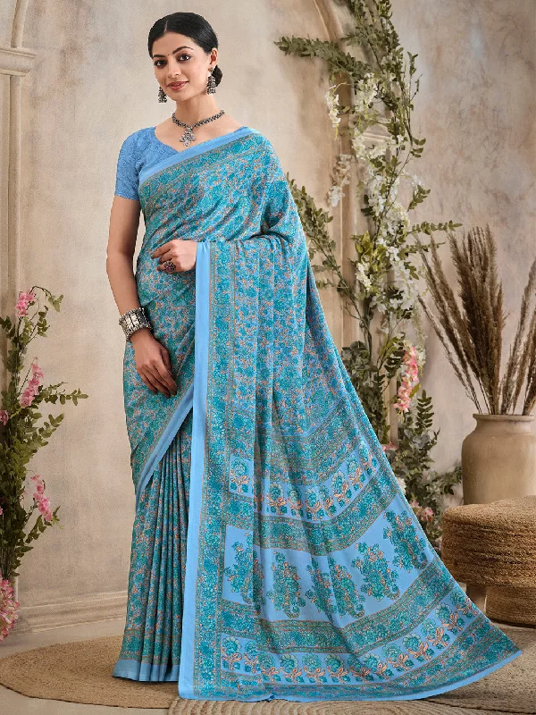 Women's Crepe Light Blue Printed Designer Saree With Blouse Piece Floral Chiffon Blouse