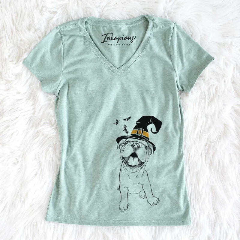 Witch Tyke the English Bulldog - Women's V-neck Shirt-- Spandex Blend Rayon Blend Denim Blend