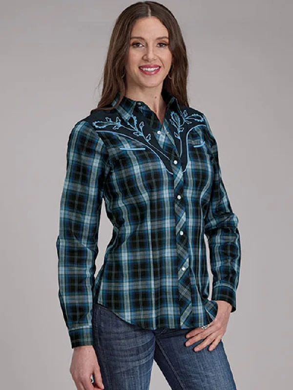 Roper 01-050-0024-1070 Womens Fancy Applique Western Plaid Shirt Blue-- Collared Crew Neck Turtle Neck