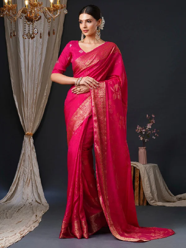 Women's Viscose Pink Woven Design Designer Saree With Blouse Piece Soft Pastel Blouse