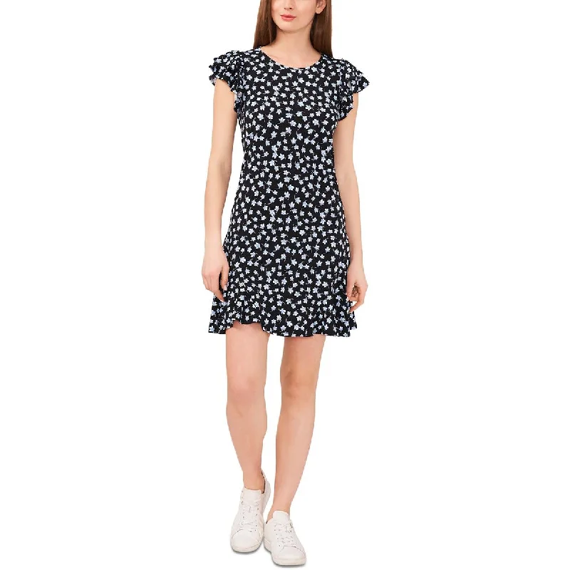 Womens Above Knee Floral Print Mini Dress Chic Puff Sleeve Mini Dress