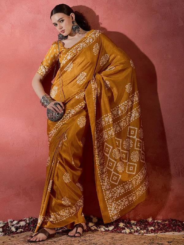 Women's Cotton Blend Mustard Printed Designer Saree With Blouse Piece Lightweight Floral Blouse