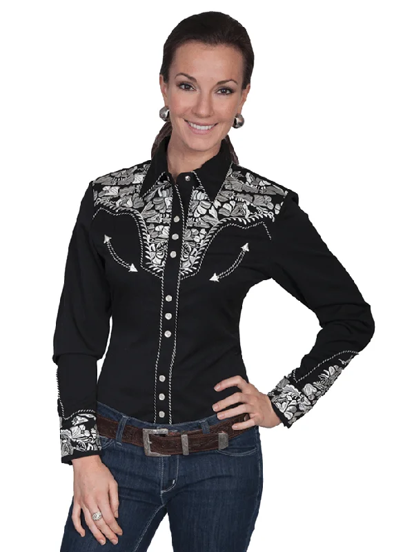 Scully PL-654-SIL Womens Floral Tooled Embroidery Western Shirt Silver-- Zippered Front Buttoned Front Snap Front