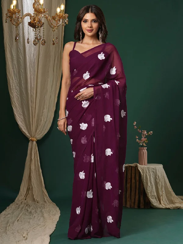 Women's Georgette Magenta Embroidered Designer Saree With Blouse Piece Subtle Shimmer Blouse