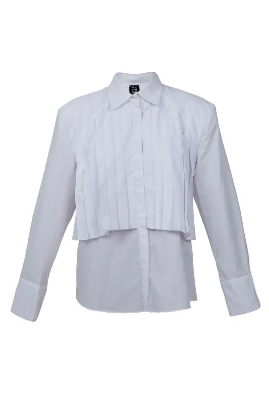 PLEATED WHITE SHIRT-- Zippered Buttoned Snapped
