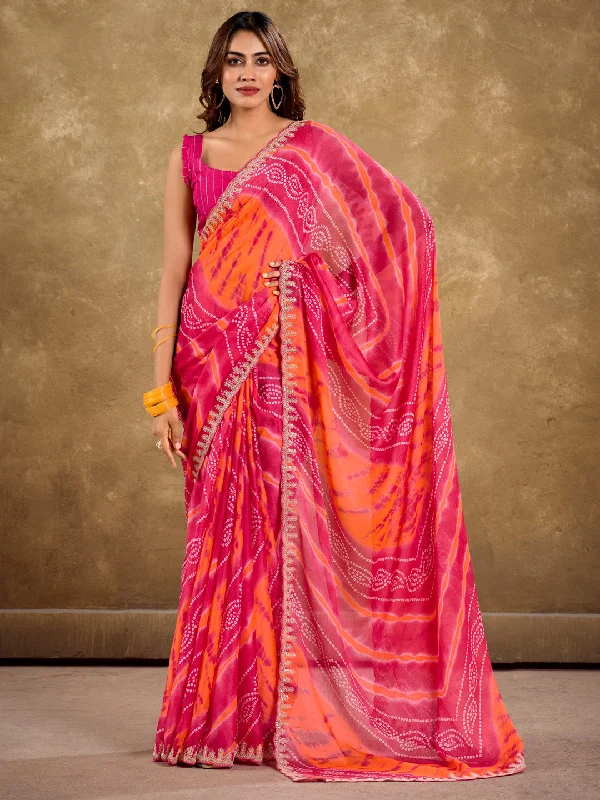 Women's Pure Chiffon Pink Embellished Designer Saree With Blouse Piece Satin Drape Blouse