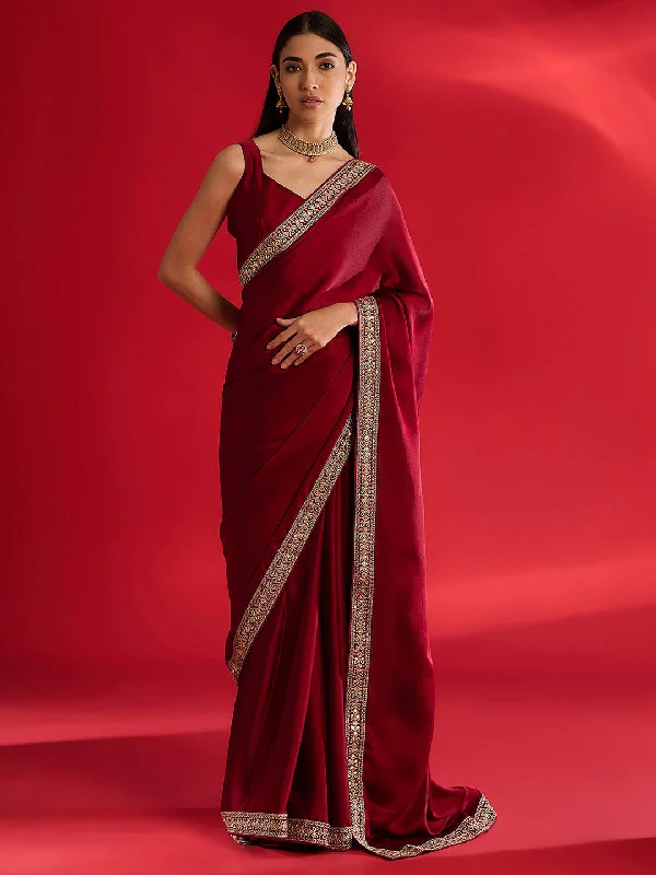 Women's Satin Maroon Embellished Designer Saree With Blouse Piece Smart Casual Blouse