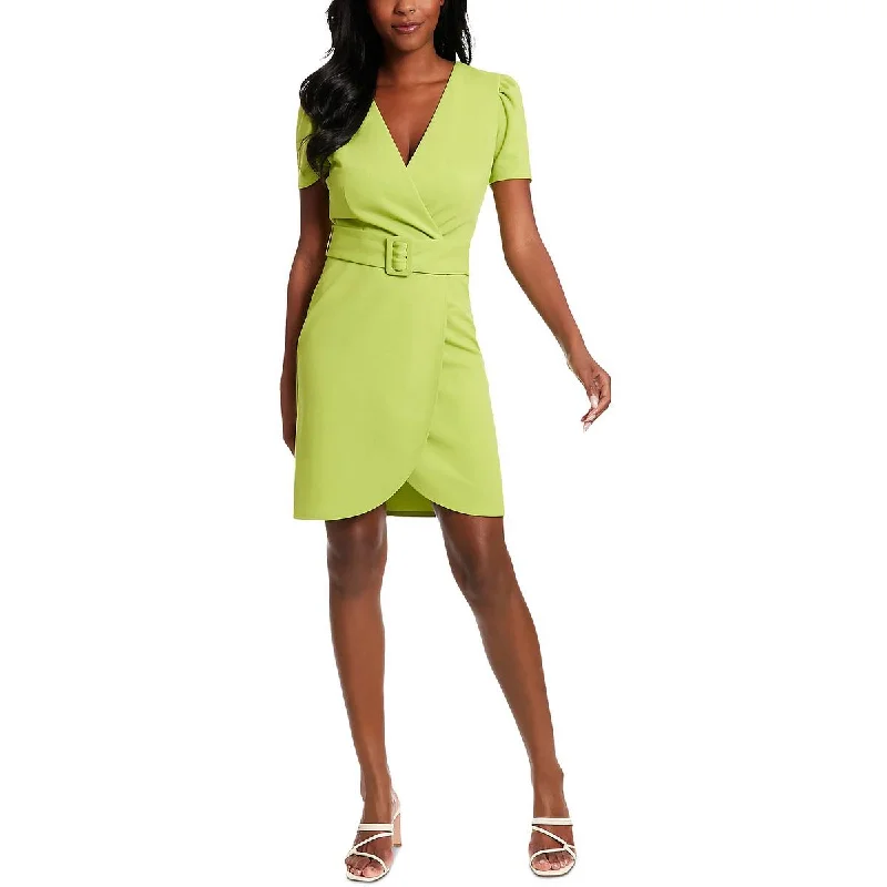 Petites Womens Surplice Puff Sleeve Mini Dress Comfortable Shift Mini Dress