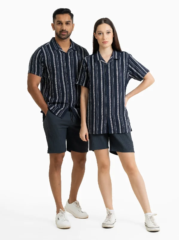 DEEDAT NATURE VERSE Short Sleeve Slim Fit Casual Shirt - Navy-- Terry Blend Velvet Blend Canvas Blend