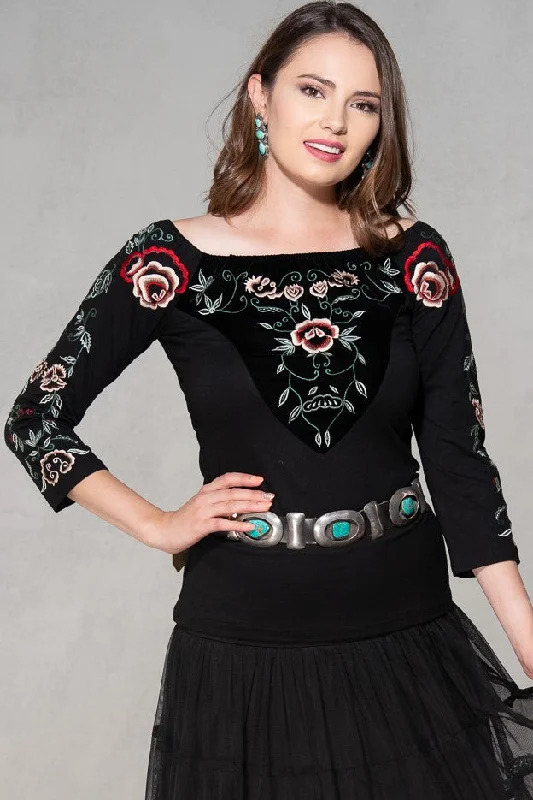 Black Blouse with Green Embroidery Silky Tunic Blouse