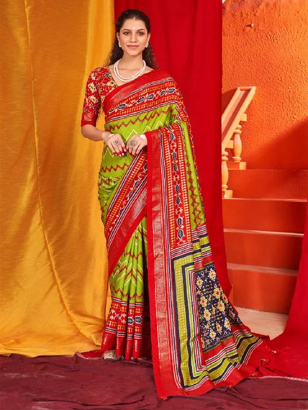 Women's Tussar Silk Red Printed Designer Saree With Blouse Piece Casual Relaxed Blouse