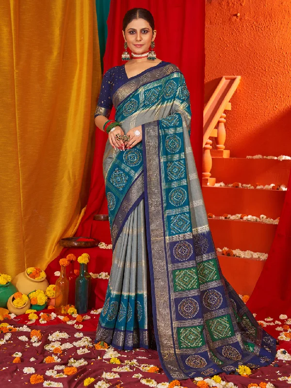 Women's Tussar Silk Navy Blue Woven Design Designer Saree With Blouse Piece Ruffled Neck Blouse