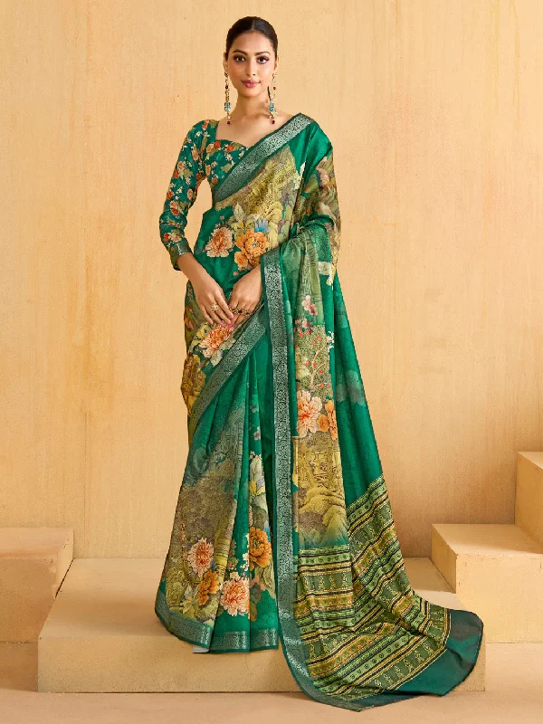 Women's Tussar Silk Teal green Woven Design Designer Saree With Blouse Piece Classic Striped Blouse