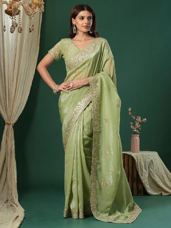 Women's Satin Silk Light Green Embroidered Designer Saree With Blouse Piece Delicate Bow Blouse