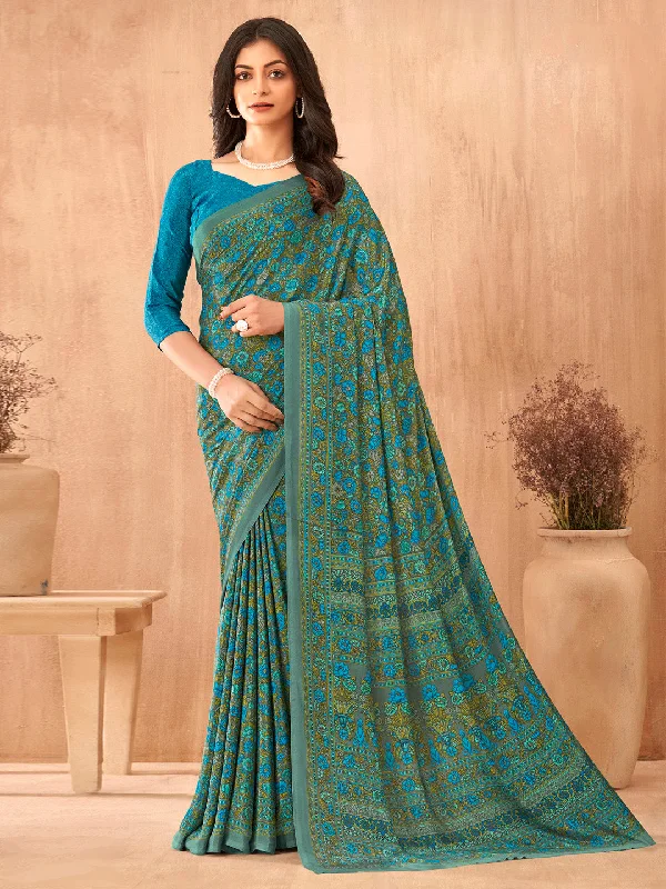 Women's Crepe Blue Printed Designer Saree With Blouse Piece Modern Oversized Blouse