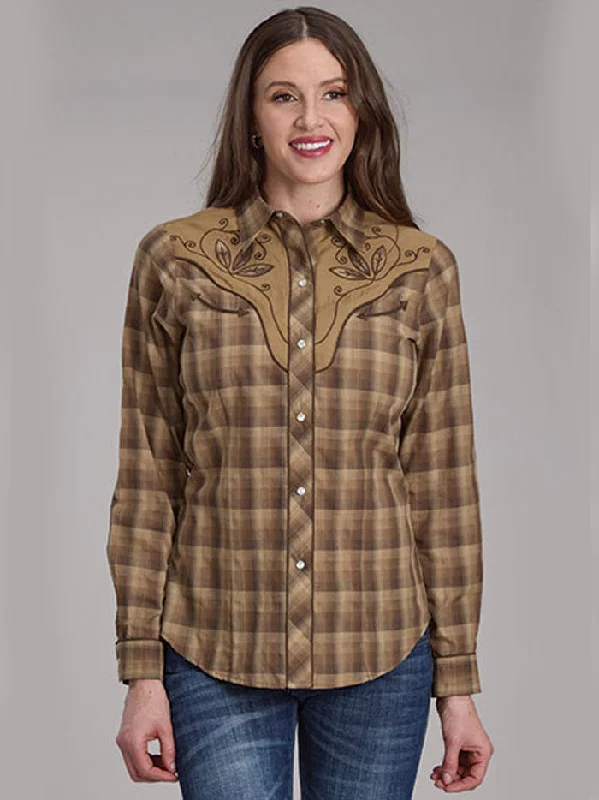 Roper 01-050-0024-1071 Womens Long Sleeve Plaid Shirt Brown Tan-- Notch Collar Peter Pan Collar Cowl Neck