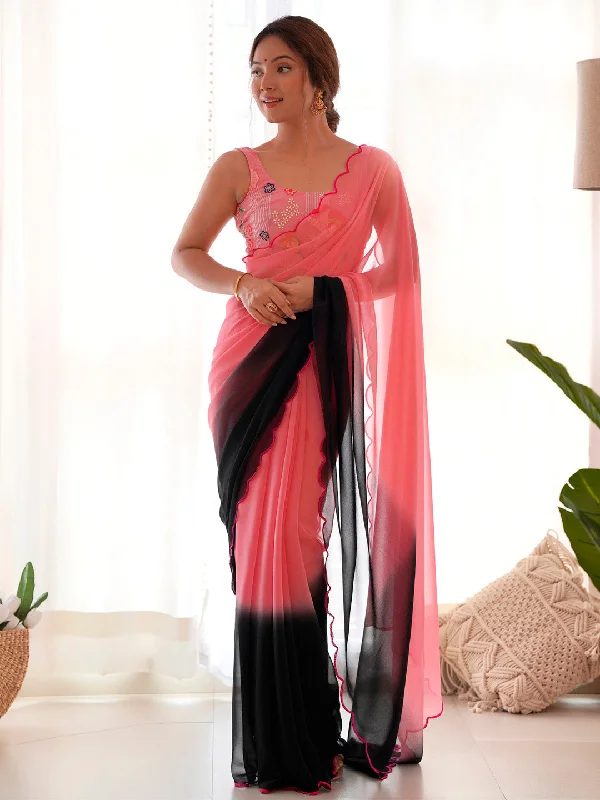 Women's Georgette Pink Embellished Designer Saree With Blouse Piece Off-Shoulder Wrap Blouse