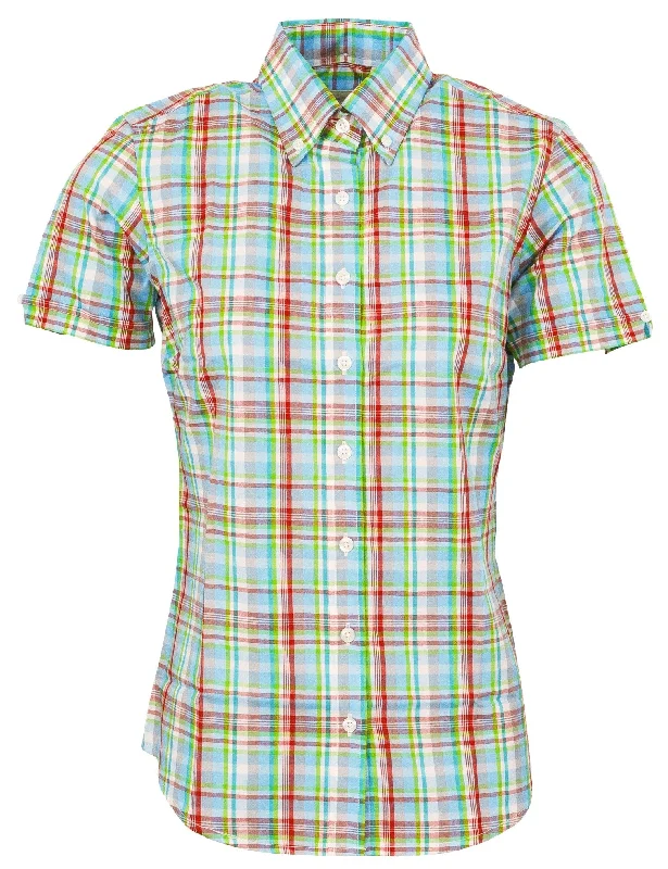 Relco Ladies Retro Multi Green Check Button Down Short Sleeved Shirts-- Striped Floral Plaid