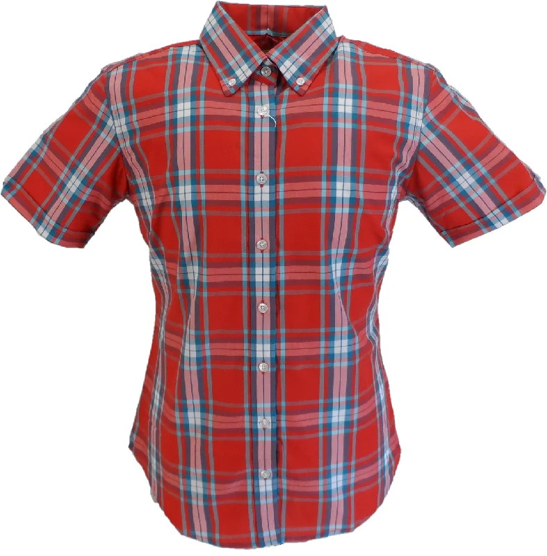 Relco Retro Red Checked Ladies Button Down Short Sleeved Shirts-- Zippered Front Buttoned Front Snap Front