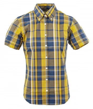 Relco Ladies Mustard/Navy Check Button Down Short Sleeved Shirts-- Real Fur Shearling Chenille