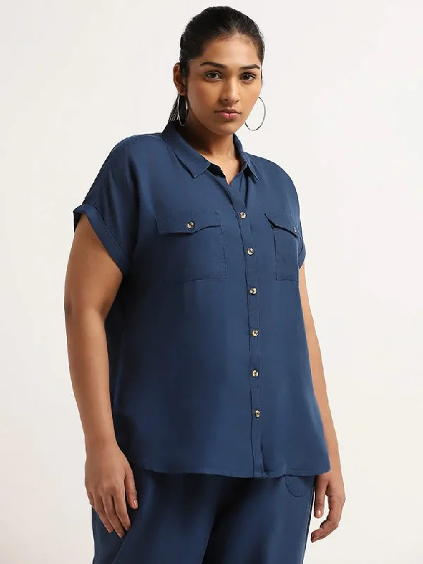 Gia Blue Solid Relaxed Fit Shirt-- Handmade Hand-knitted Hand-woven