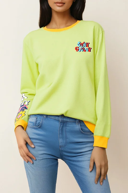 Women Groovy Sweat Shirt-- Asymmetrical Pockets Print