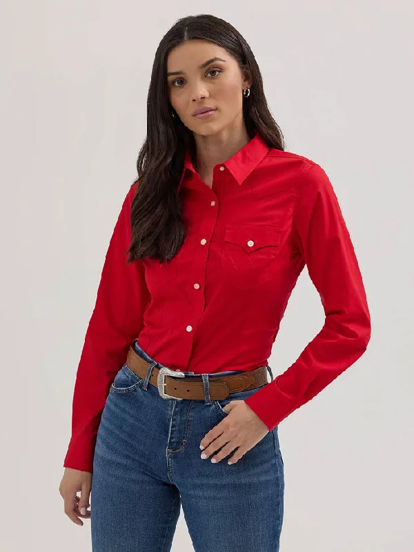 Wrangler 112358017 Womens Western Button Down Shirt Red-- Jersey Fabric Tulle Fabric Batik Fabric