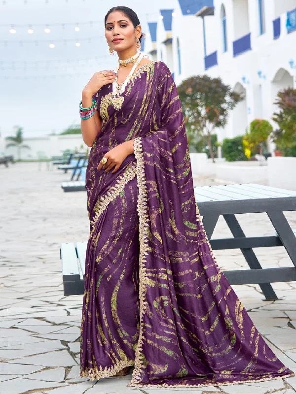Women's Chiffon Purple Embellished Designer Saree With Blouse Piece Embroidered Cotton Blouse