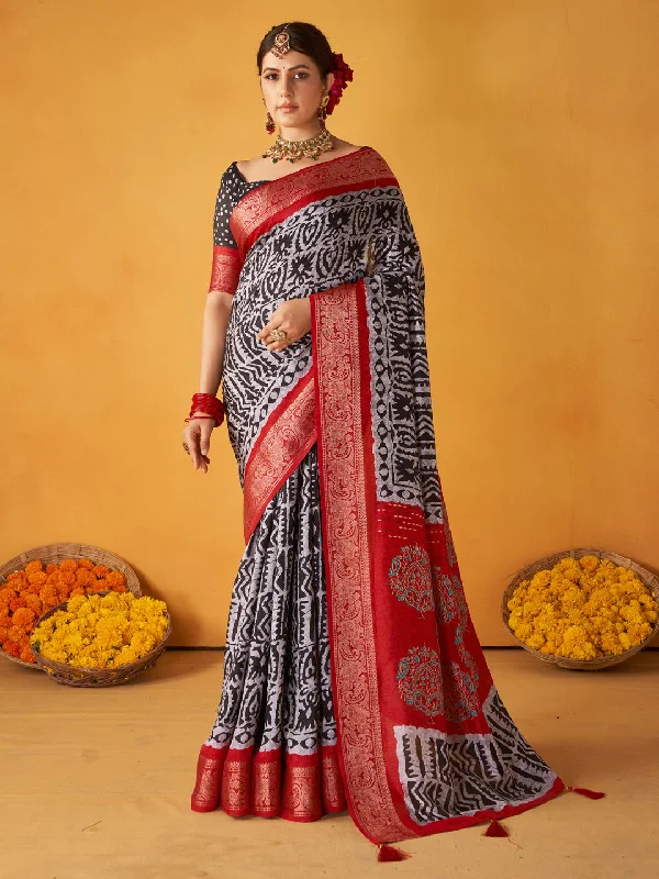 Women's Tussar Silk Black Printed Designer Saree With Blouse Piece Bell Sleeve Blouse